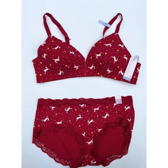Ambrielle Women’s Bra 40B & Hipster Panty 1X Set Organic Cotton Deer Print - Picture 13 of 14